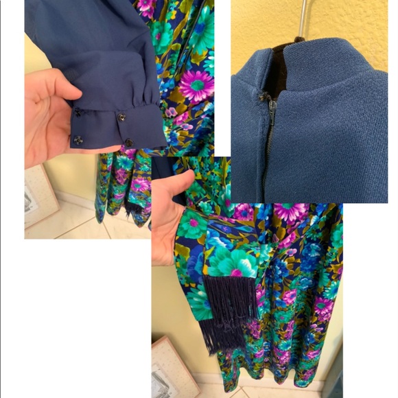 Handmade 70s long mock neck blue floral maxi dress - Picture 5 of 6